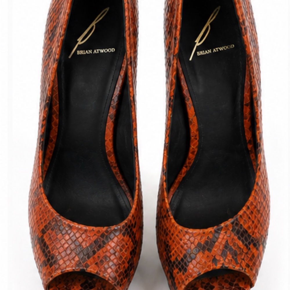 Brian Atwood Orange Snake-Print Peep-Toe Pumps